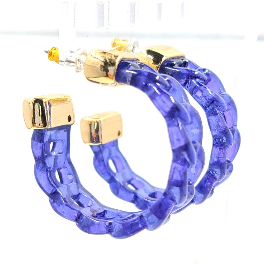 Clear Dark Blue Chain Link Lucite Hoop Earrings